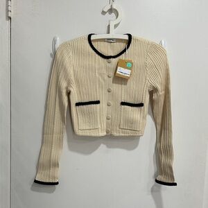 Sandro Cream and Black Ribbed Crop Cardigan